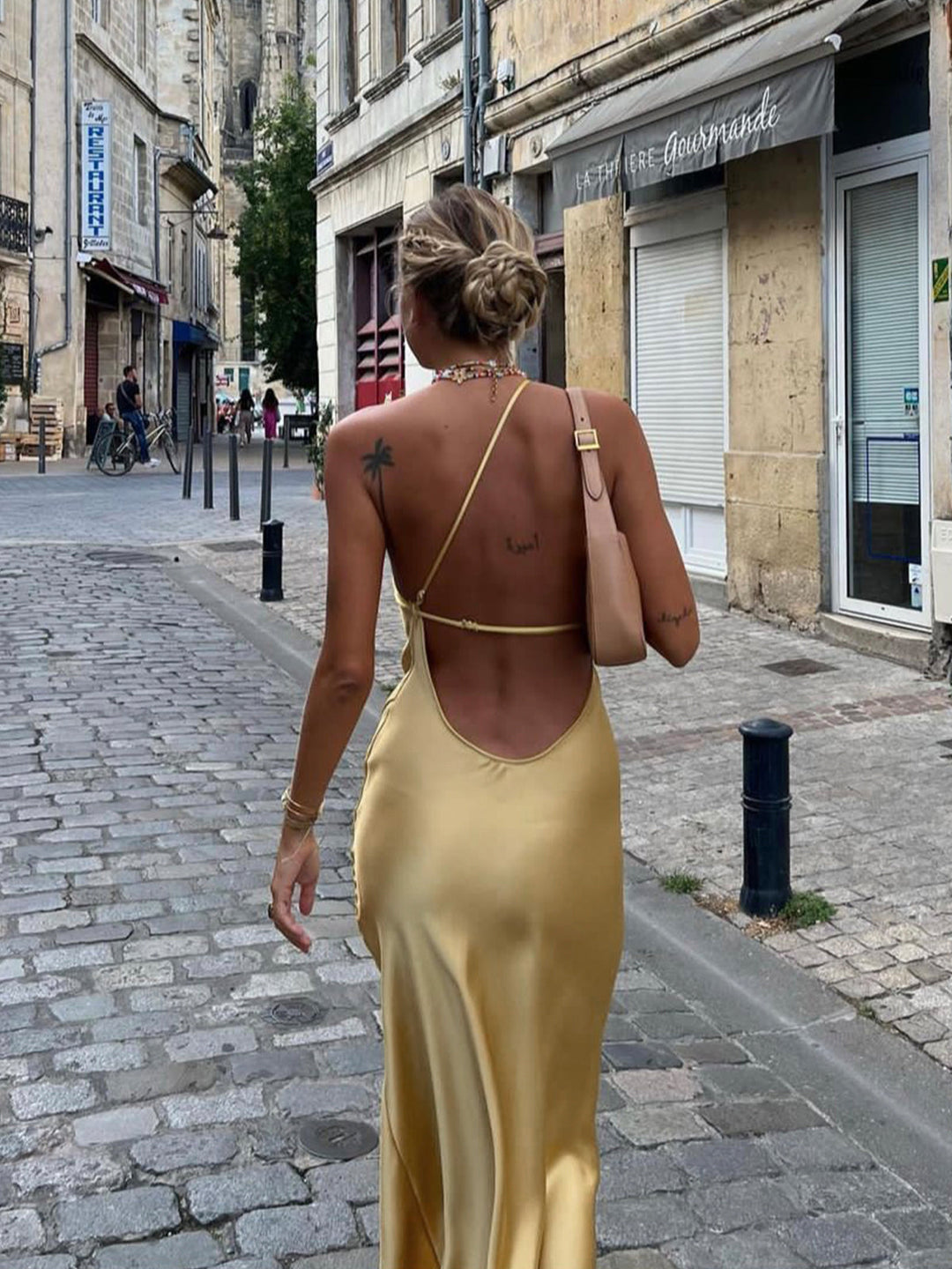 Satin Maxi Dress with Open Slit and Back