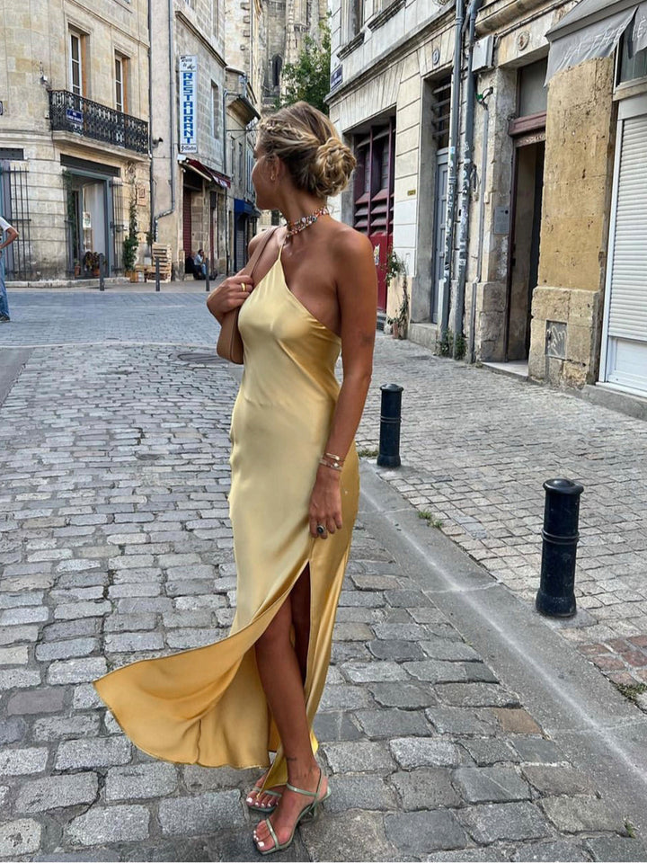 Satin Maxi Dress with Open Slit and Back